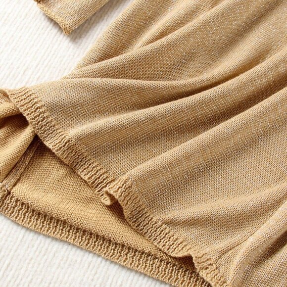 Khaki Women's Sexy Metallic Ring Hollow Deep V-Neck Knit Wrap Knit Mini Dress - Picture 8 of 8